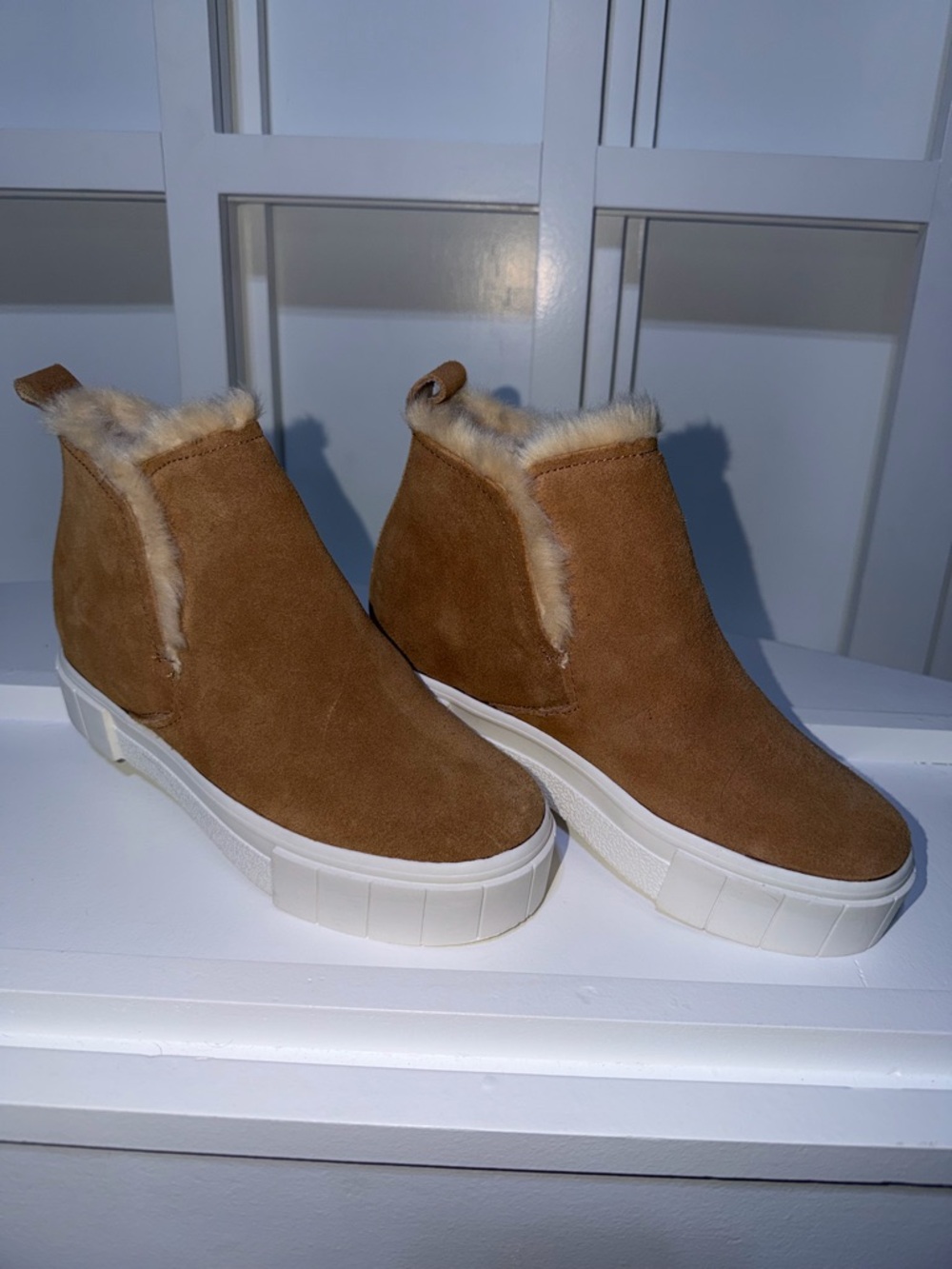 Dolce Vita Tan Suede Fur-Trim Slip-On Platform Booties